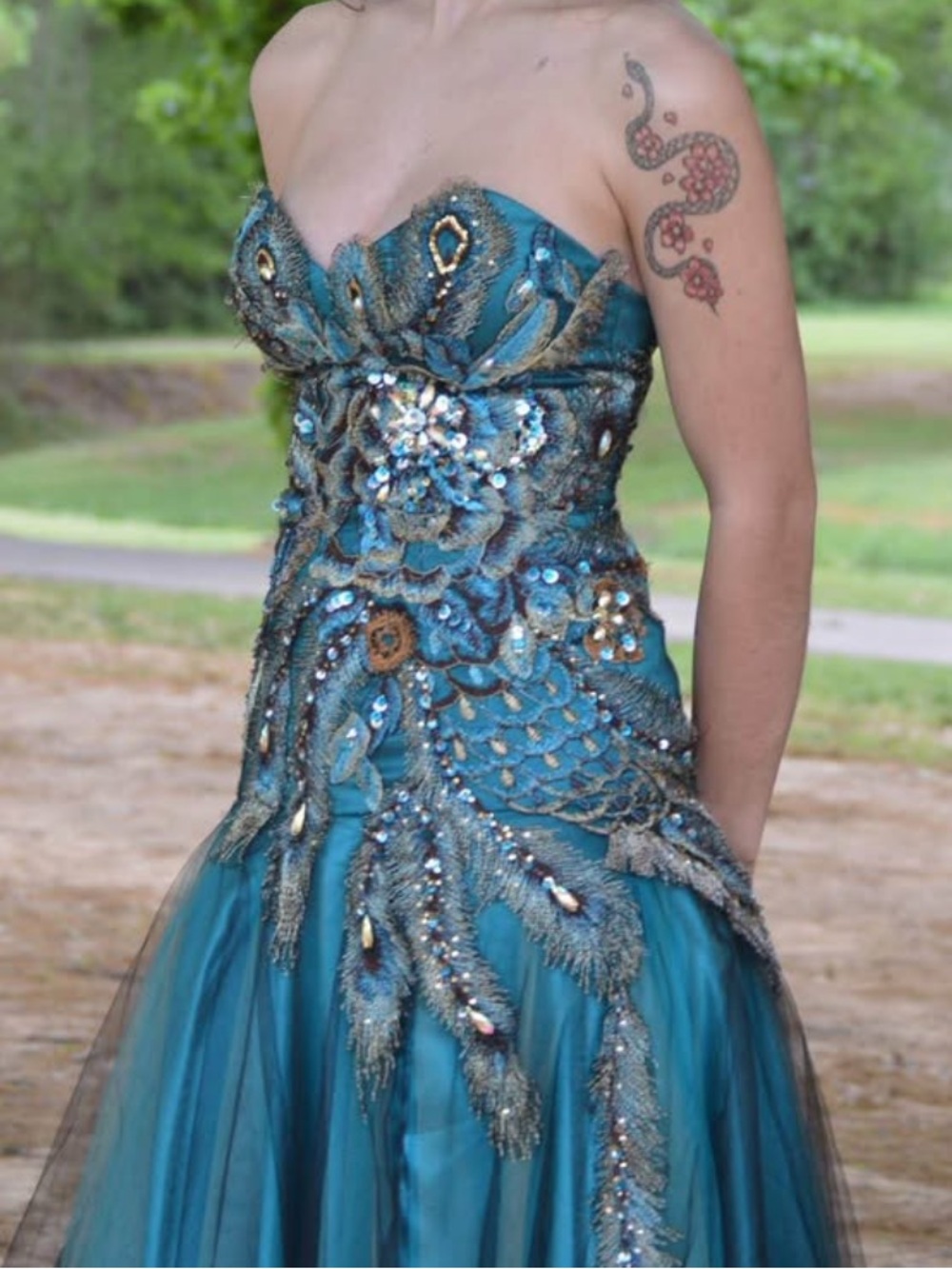 Mac Duggal Teal Strapless Embellished Evening Gown